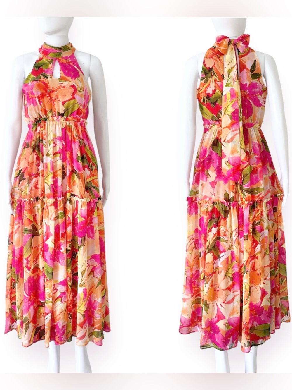 Nicole Miller Chiffon Maxi Dress Halter Neck Back Tie Tiered Floral Print Lined
